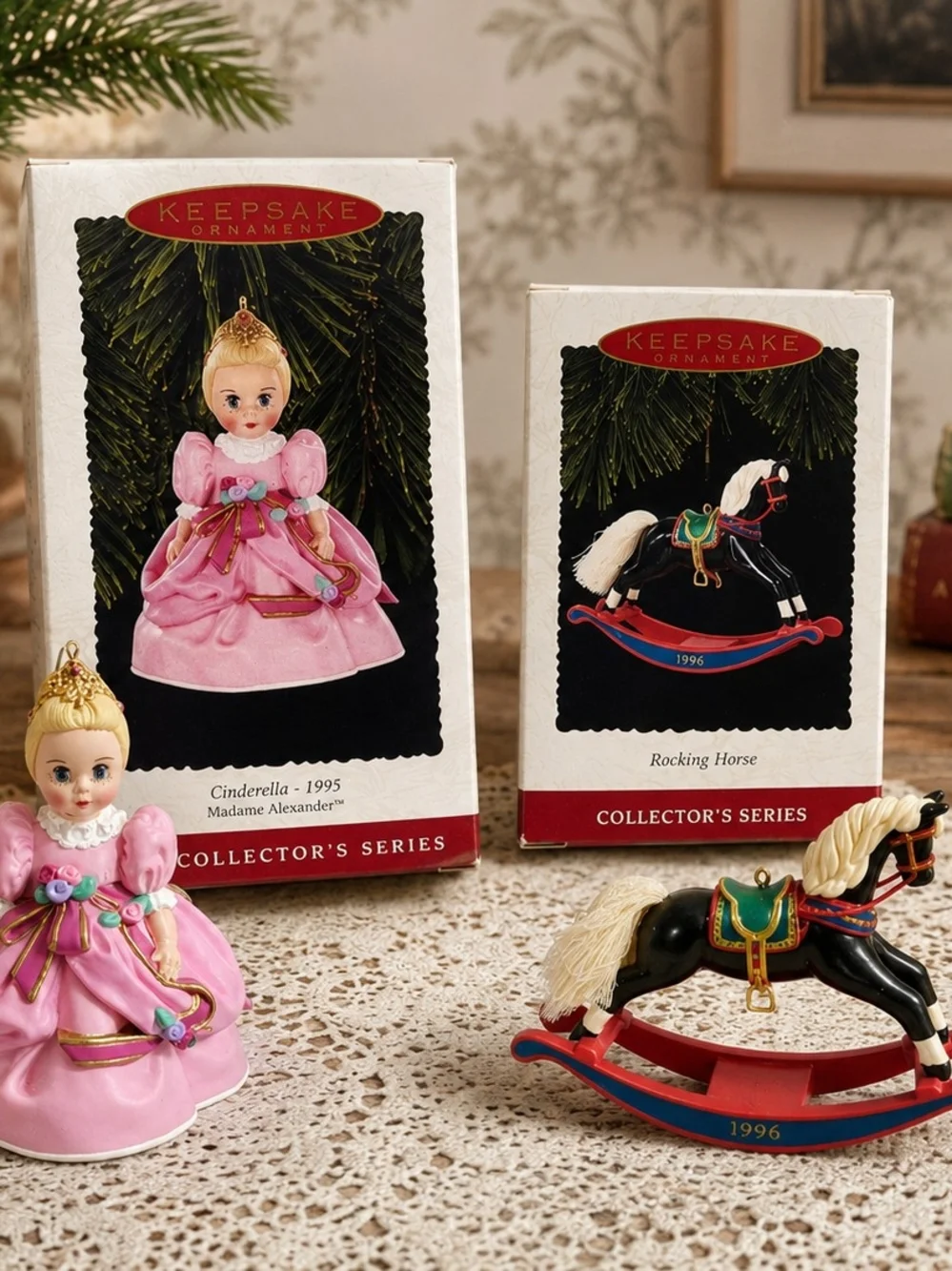 Keepsake Pink Princess Doll & Black Rocking Horse Ornament Set